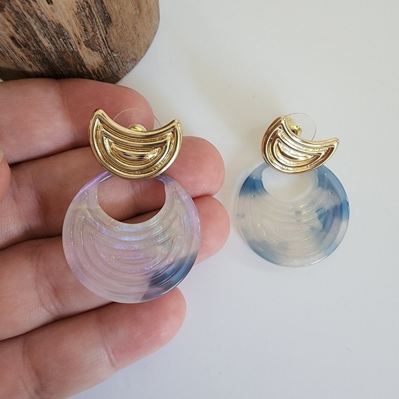 NEW Blue Gold Marble Iridescent Round Dangle Earrings - Picture 6 of 7